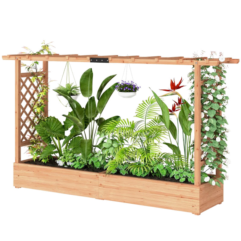 Pot à fleurs en bois avec treillis - espace de plantation spacieux de 68,9 po x 15,4 po pour plusieurs types de plantes, articles de décoration suspendus arqués, trous de drainage pour l'engorgement, construction en bois de sapin massif, l 78,7 po x P 17,7 po