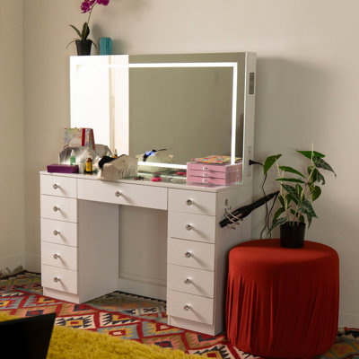 Boahaus Amelia Vanity Desk with LED Mirror –  Drawer Makeup Vanity Table Designed as a Complete Dressing Station with Integrated Power and Speakers