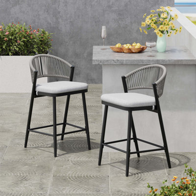 Outdoor Metal Frame Counter Stools With PE Rattan Scallop - Shaped Backrest And Water - Resistant Cushions, For Outdoor Bars And Dining Areas, Set Of by Bay Isle Home