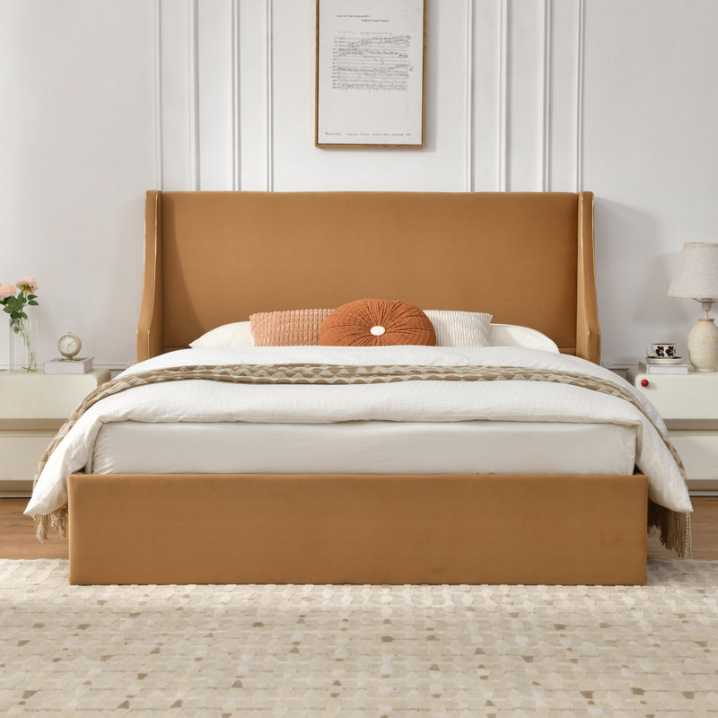 Lit plateforme tapissier avec rangement Linvel, Grand, Velours kaki