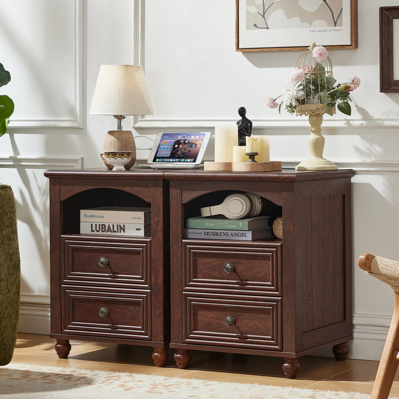 18" Farmhouse Night Stand With Charging Station,Wood Nightstand With 2 Drawers, Bedside End Table With Shelf Storage, Bed Side Tables Cabinet For Bedroom, Living Room, And Closet