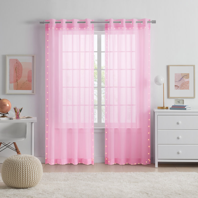 Eclipse Starlight Light Up Sheer Hookless Grommet Curtain, Curtain Lights with Remote Control, Bedroom Curtain, Room Divider or Outdoor Patio, 1 Panel, 63 In Long x 52 In Wide Curtain, Pink