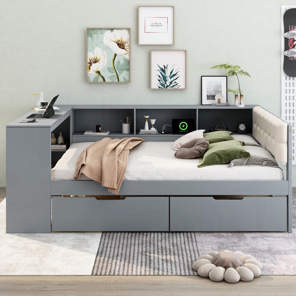 Latitude Run® Full Size Wood Platform Bed with Storage & Charging - No ...