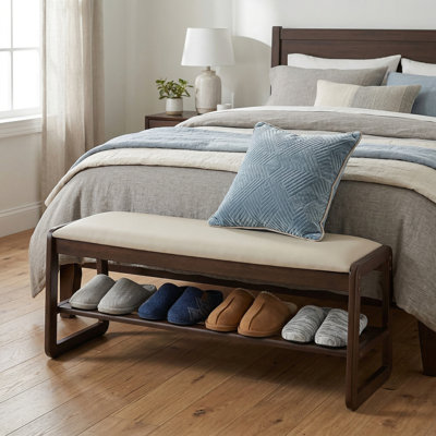 Solid Wood Shoe Bench For Entryway, Double-Layer Wooden Shoe Rack With Storage, Beige PU Seat Cushion, Home Storage Shoe Bench.