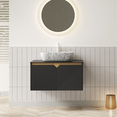 Meuble-lavabo 30 po, meuble de rangement mural en contreplaqué flottant, portes doubles en sergé avec garniture en métal, vasque rectangulaire en céramique à motif marbré et plateau en pierre frittée noire, noir