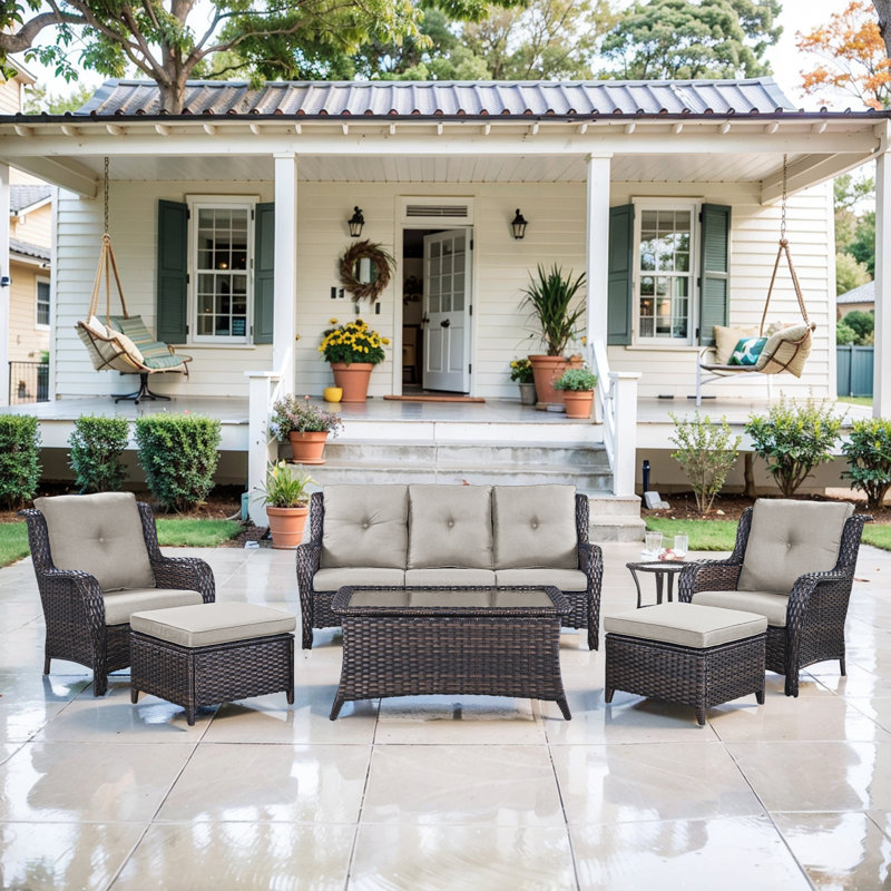 Schutt Wicker 5 - Person Patio Conversation Set with Cushions, Beige, Brown