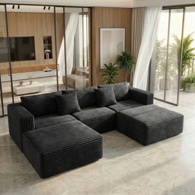 111" U/L Shape Cloud Modular Sectional Sofas with 2 Ottomans, Luxury Durable Corduroy Compression Couches, No Assembly Required for Living Room Black Sofa