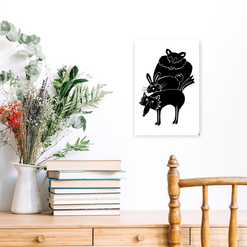 Stacked Woodland Friends Playful Whimsical Contemporary Bear Fox Rabbit Forest Wildlife Wall Art Print 1 Piece Wrapped Canvas Wall Art