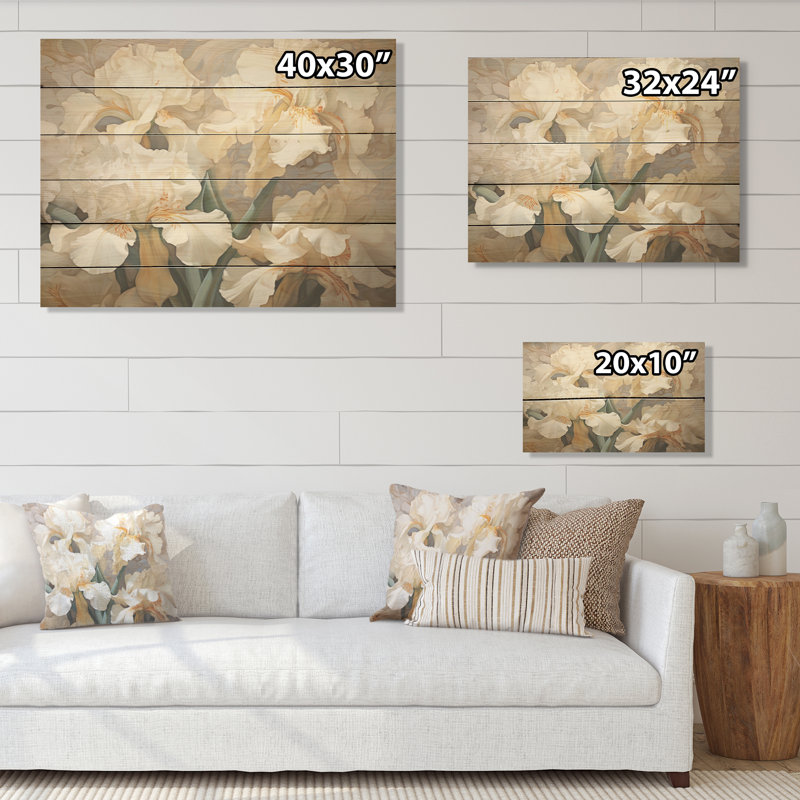 Beige Minimalism Irises Radiant Petals - Irises Wood Wall Art On Natural Pine Wood, 10" H x 20" W
