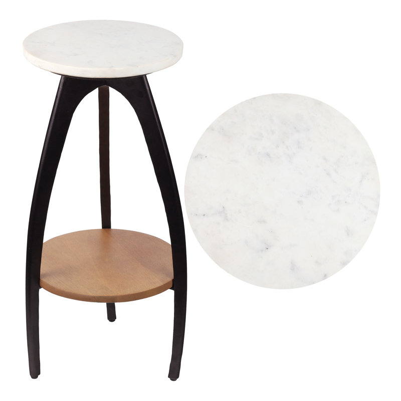 Ollie 24.5" Modern 2-Tier Round Drink Table, White Faux Marble Top, Natural Wood Shelf & Black Metal Arch Legs, Accent End Table