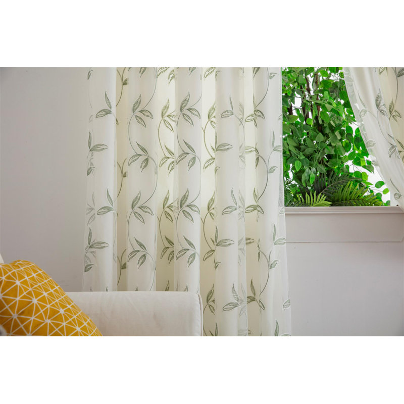 Zapata Leaf Embroidered Voile Ring Top Curtains Pair, 147cm Width x 137cm Drop, Green