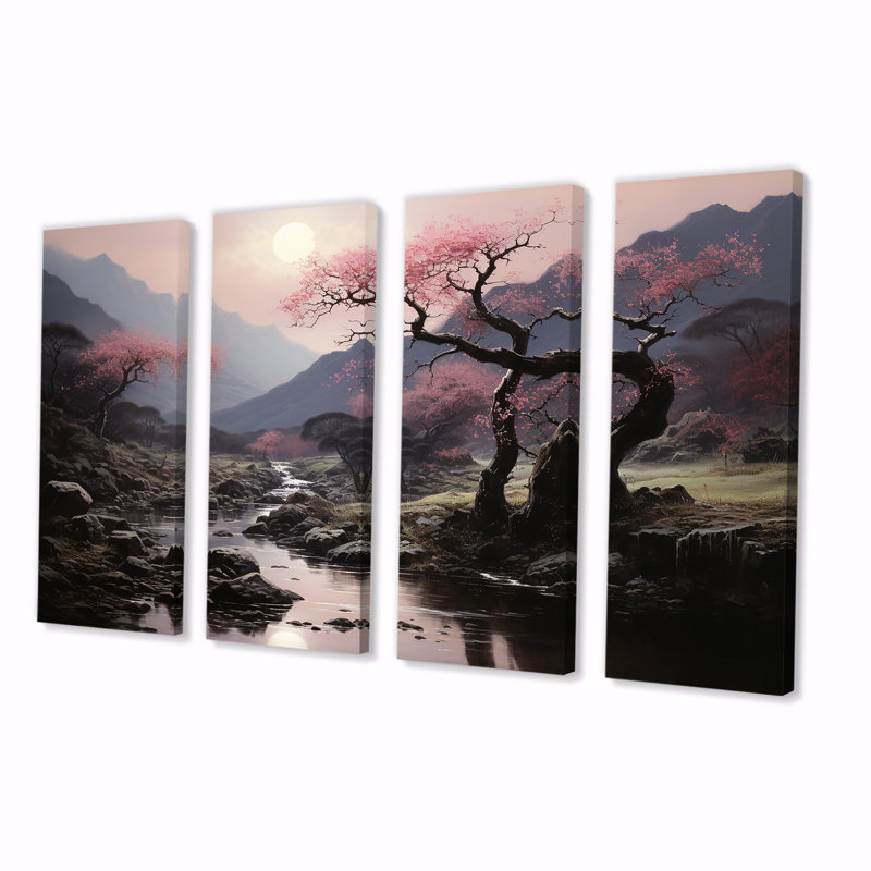 «Cherry Blossom Evening Silhouette» - ensemble d'art mural 4 pièces, H 28 po x l 48 po