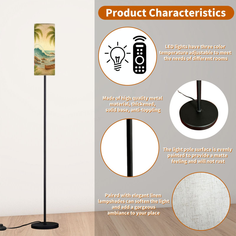 68.5" Standing Floor Lamp Hawaiian vintage island palm tree boat pink hibiscus sea waves summer Dimmable Metal Pole Lamp with Linen Lampshade LED Bulb Included