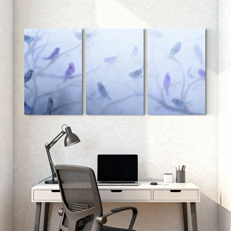 «Birds Blue Birds On Branches», ensemble de 3 impressions sur toile, H 18 po x l 36 po