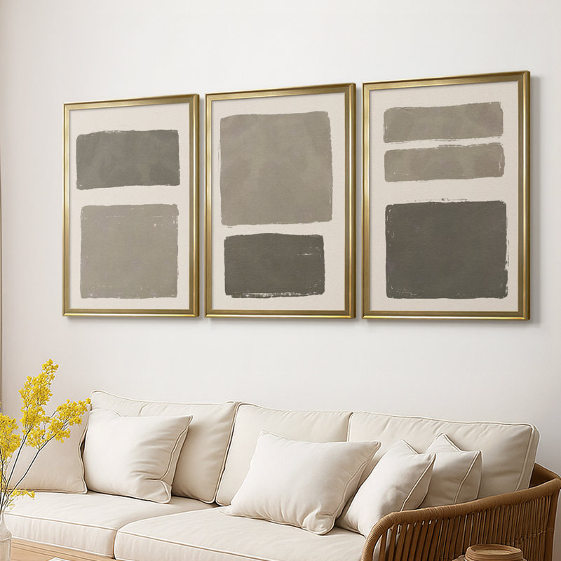 Neutral Color Block I - Toile tendue avec châssis sur mesure - 3 pièces, H 19 po x l 27 po, Doré