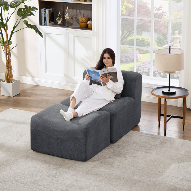 Segal 33.5" Wide Soft Chenille Upholstery Compression Armless Chair With Pillow and Ottoman, No Assembly Required