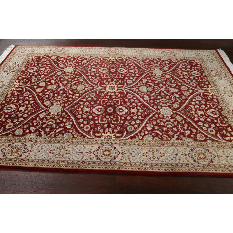 Tapis en laine / soie à motif végétal teint Tabriz noué à la main 6 x 9