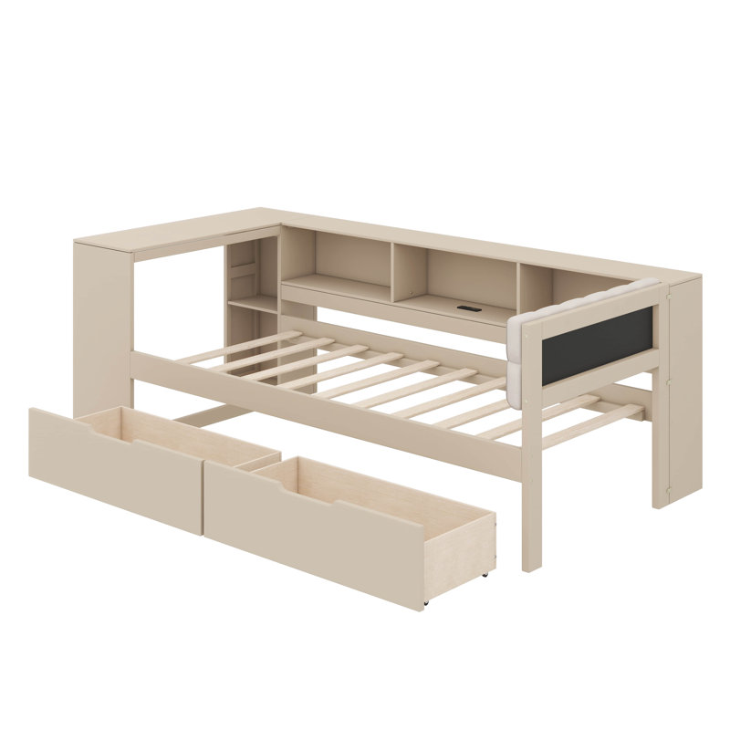Platform Bed Equipped With Shelves, Drawers, Charging Port, And Upholstered Headboard, Twin, Cream