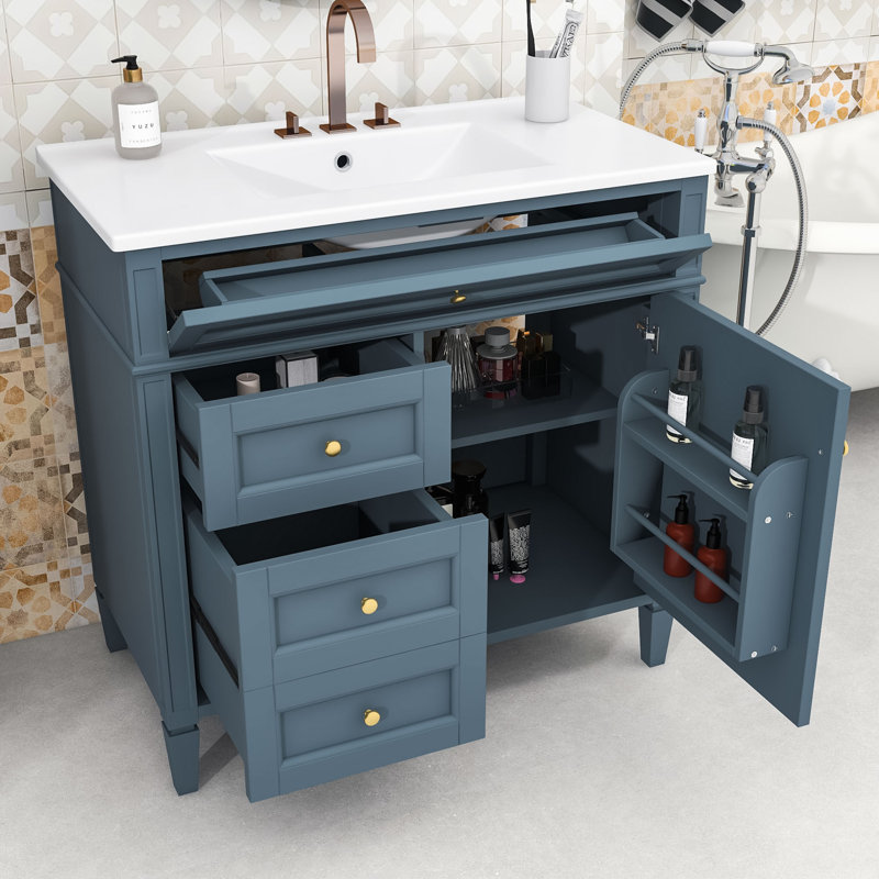 Ensemble de meuble-lavabo simple autoportant avec lavabo en céramique et tiroirs de rangement Eliga, Blue