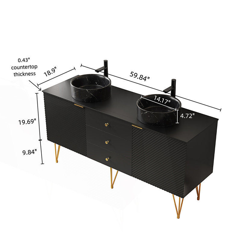 Meuble-lavabo autoportant avec 4 pieds, 3 tiroirs et 2 portes