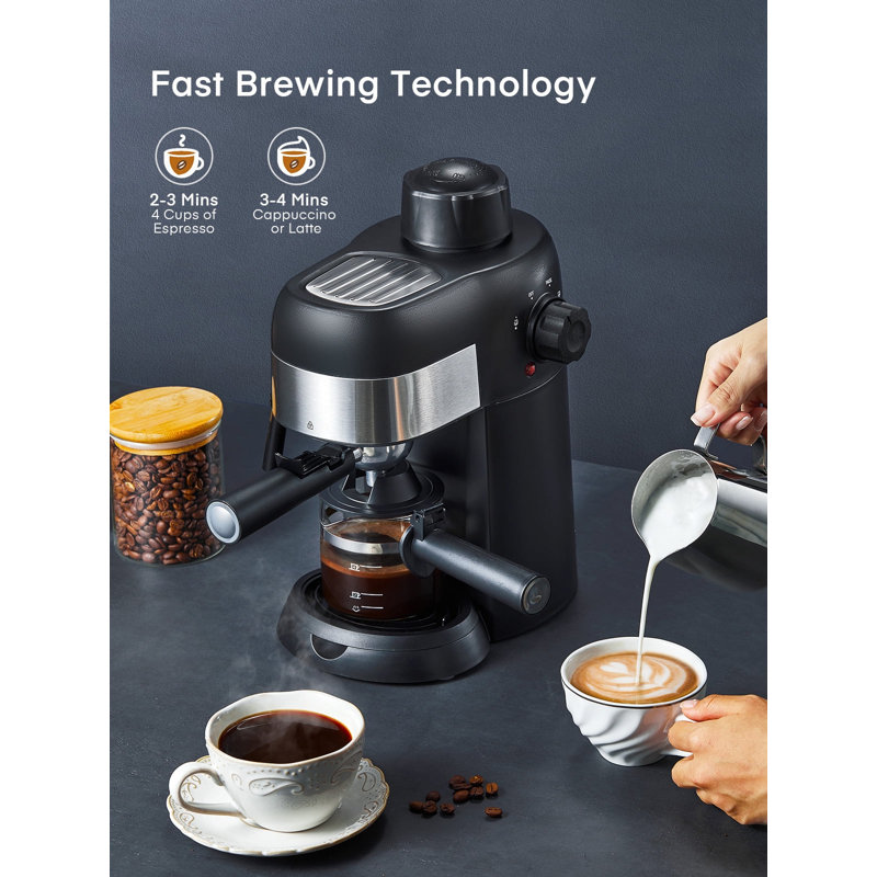 FOHERE Steam Espresso Machine, 3.5 Bar 4 Cup, Professional Compact Espresso and Cappuccino Maker with Milk Frother and Carafe for Coffee, Latte and Mocha