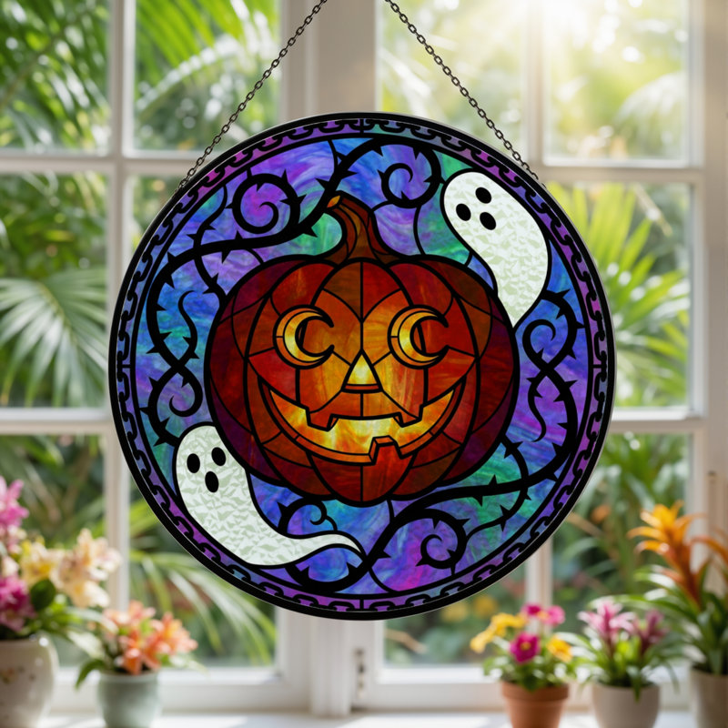 Panneau de vitrail en verre coloré 12 "H Pumpkin