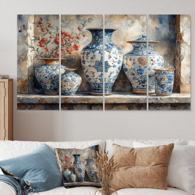 Pink Stately Floral Ceramic Vases - Morocco Pottery Canvas Wall Art Set