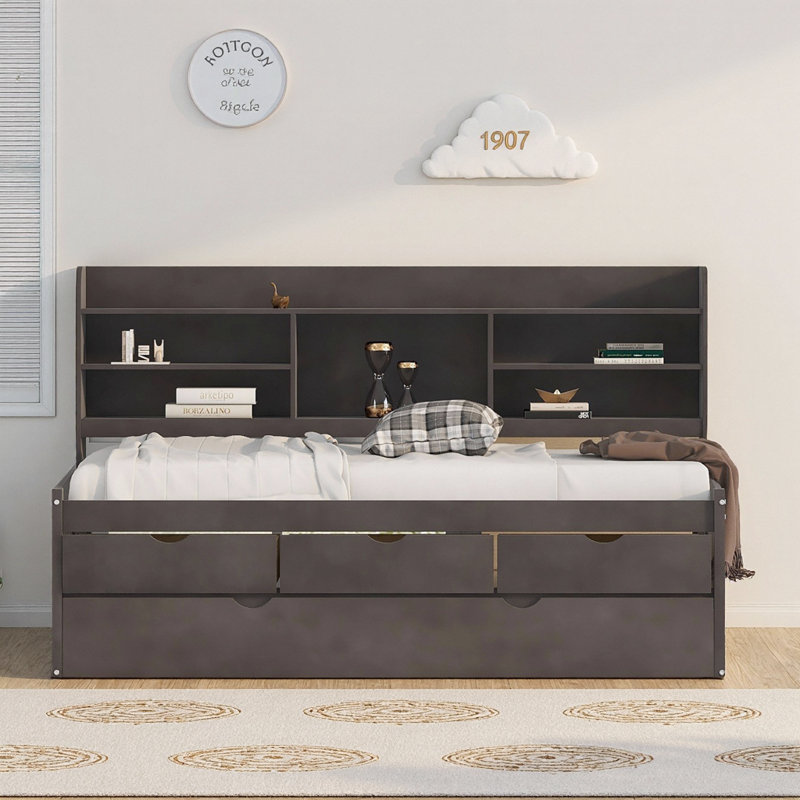 Antique Brown Twin Wooden Captain Bed with Built-in Bookshelves, 3 Drawers & Trundle | Space-Saving Storage, Twin