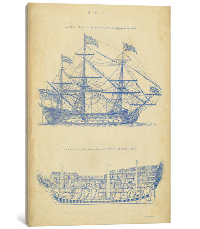 « rétro ship blueprint », impression sur toile, H 12 po x l 8 po x P 0,75 po
