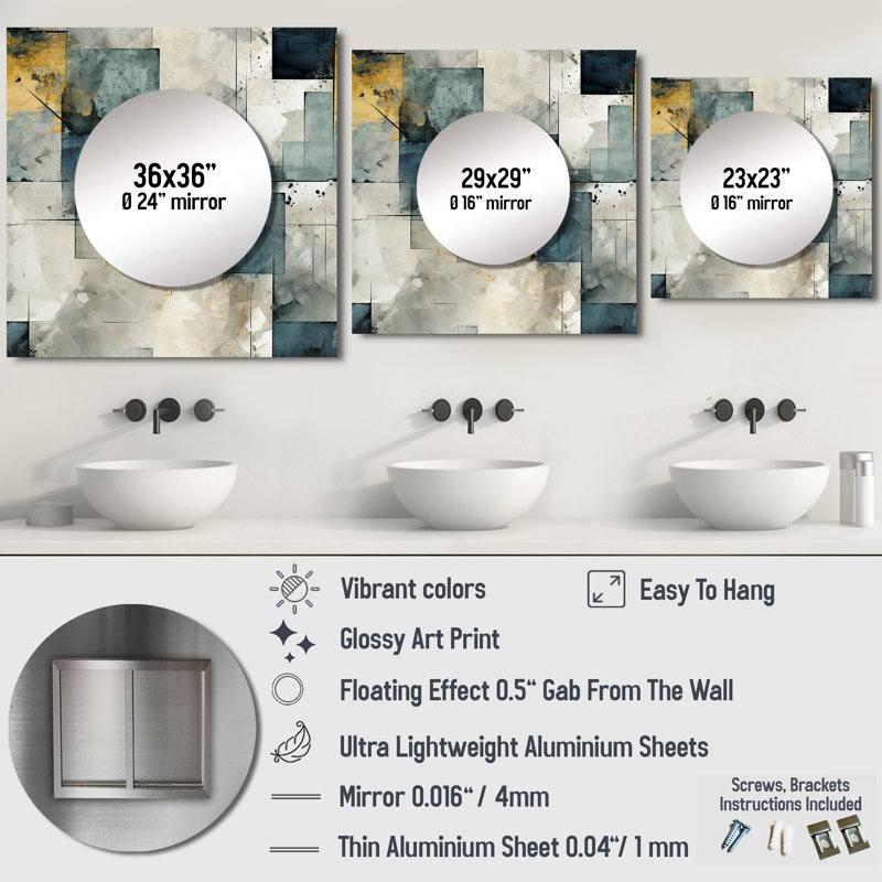 Motif gris industriel en béton - Décoration murale moderne miroir carré pour chambre à coucher, 23 po x 23 po