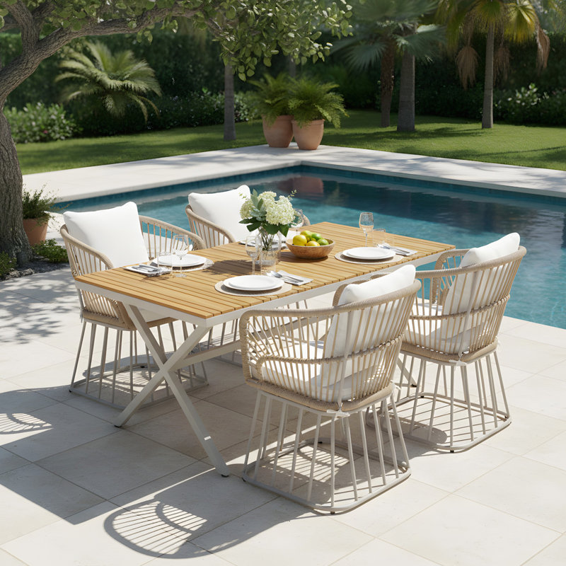 Ensemble repas d'extérieur 5 pièces - Table rectangulaire en bois de teck + 4 chaises en osier avec coussins, structure en acier beige, finition teck, parfait pour la terrasse, le patio ou le jardin