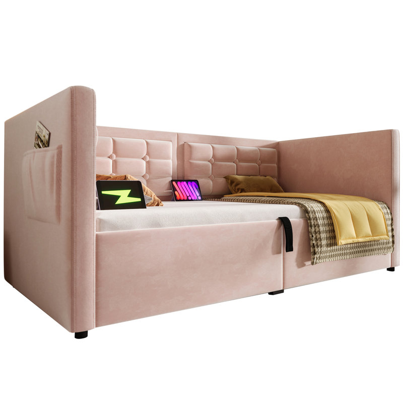 Pink Velvet Twin Bed Frame, Daybed With Hydraulic Storage, & Type - C Charging, Back, And Storage Pockets On Edges Upholstered In Velvet, Frame Back Wooden Slats, Ensuring Comfort Convenience