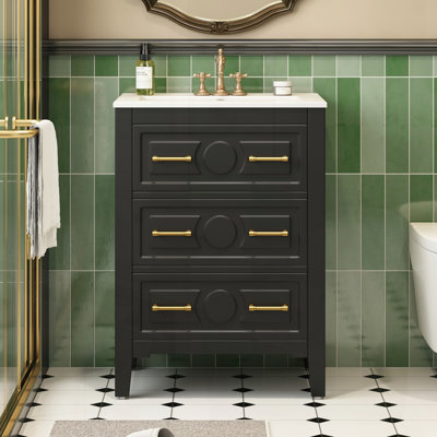 Meuble-lavabo 24 po avec lavabo en céramique, ensemble simple autoportant avec 3 tiroirs, cadre en bois massif pour un rangement élégant