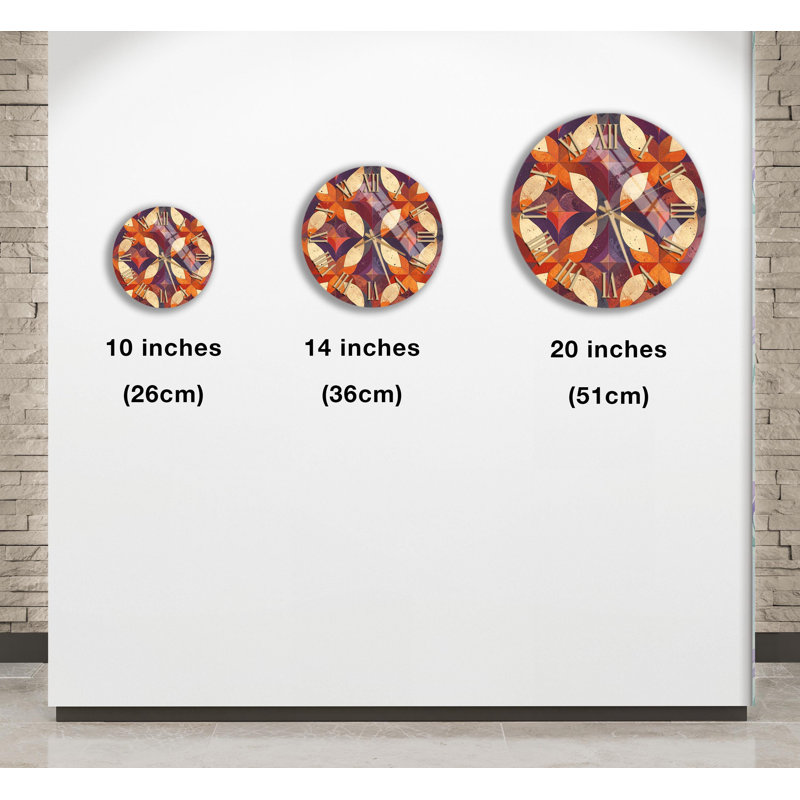 Horloge murale en verre trempé, motif géométrique, couleurs mauves orange, style rétro, décoration intérieure, cadeau unique, pièce maîtresse