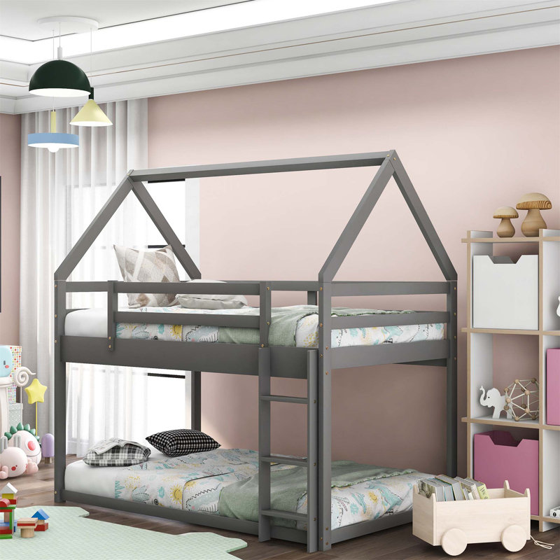 Lit superposé bas, lit maison avec échelle, gris