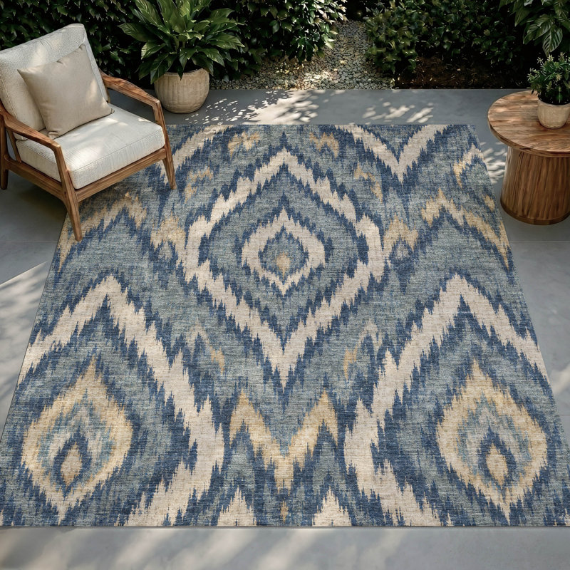 Tapis Ceajay ACN3071 Ikat lavable à la machine pour intérieur/extérieur, Navy, 9' x 12'