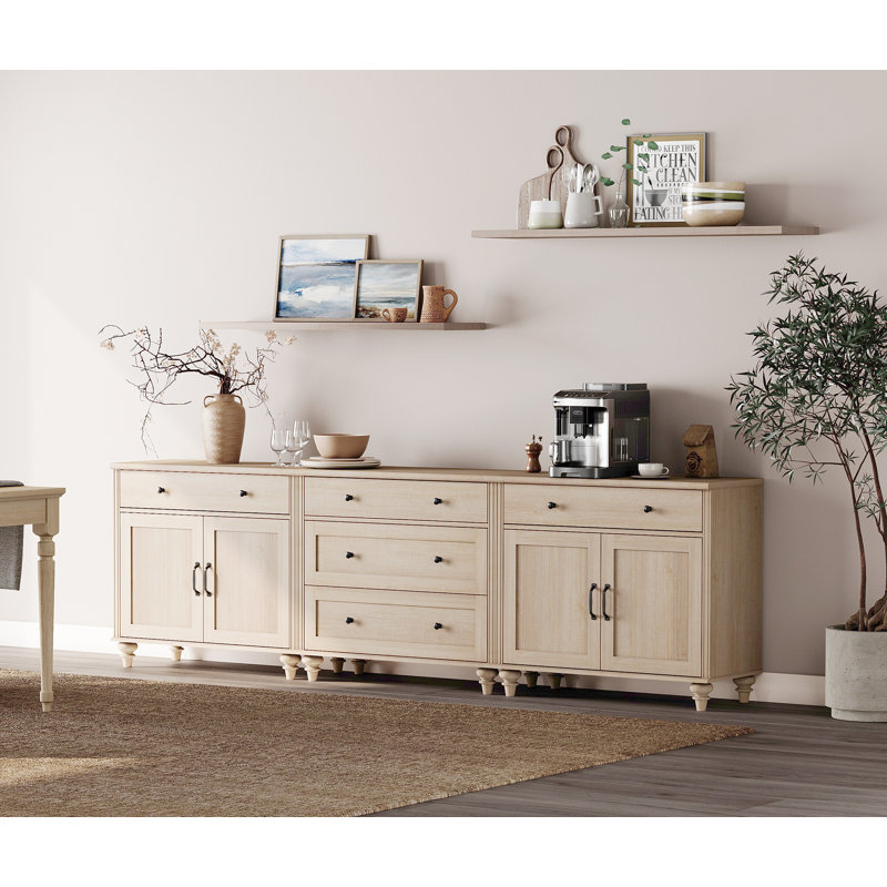 Buffet Corretta à 5 tiroirs et 4 portes, style vintage, fini chêne clair, 257 cm (101 po)., Beige