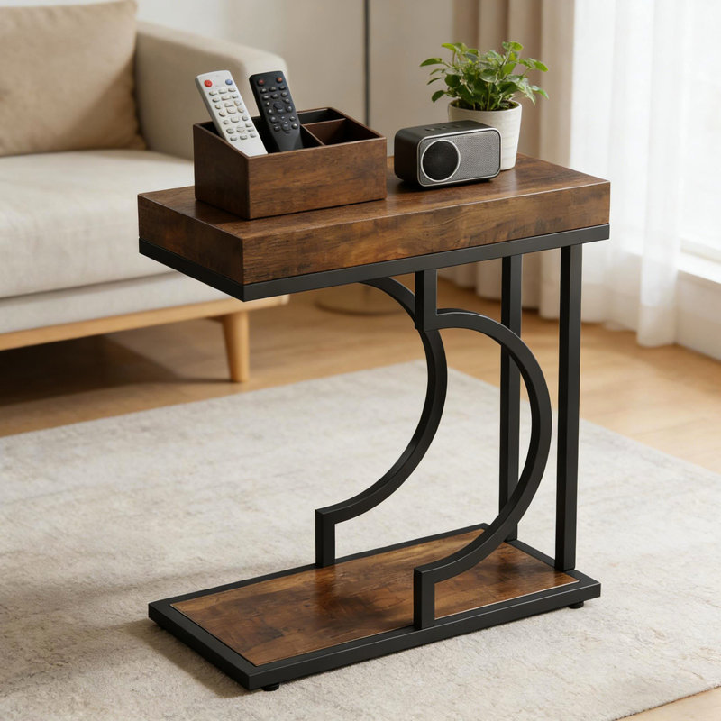 Table de couloir élégante avec un design compact et élégant, idéale pour les petits espaces de vie C - Maison, structure semi-circulaire, finition noire et brune, facile à nettoyer