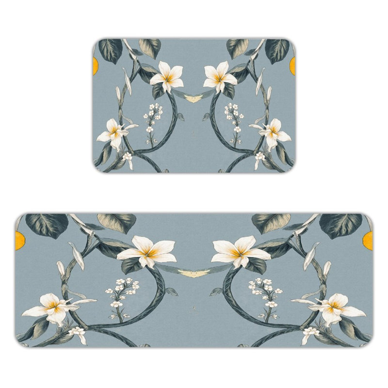 2-Pack Ornate European Kitchen Floor Mats, Blue Floral