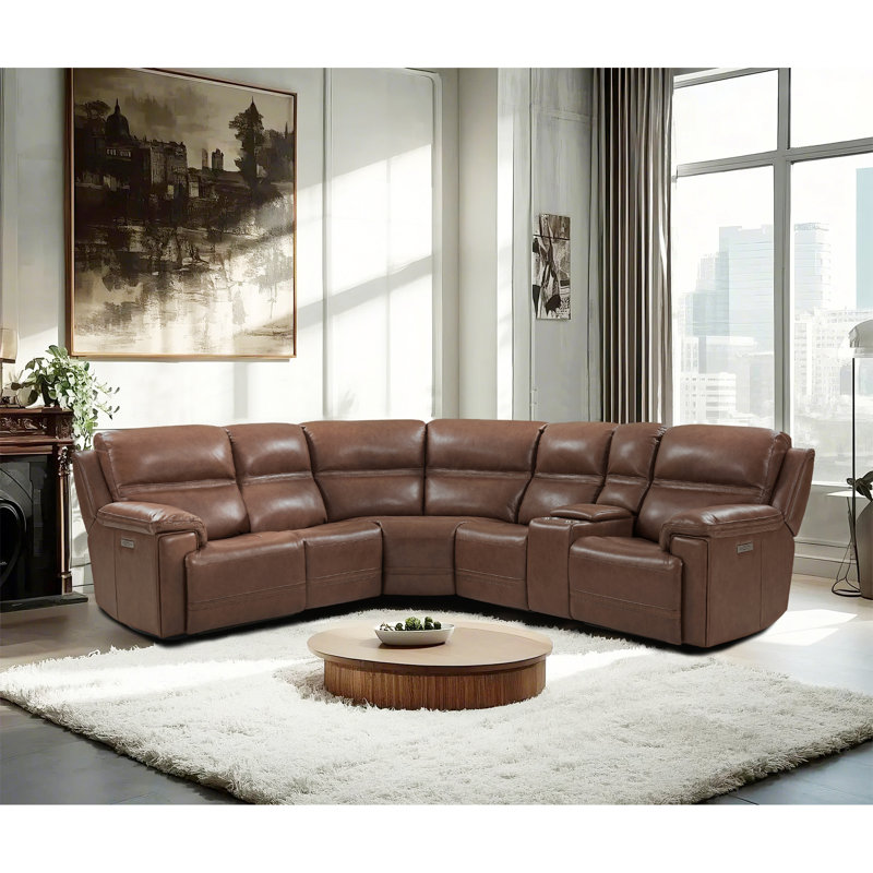 Canapé modulaire à 5 places modulaire en cuir véritable avec port USB intégré et console Zero Gravity, Cuir brun clair