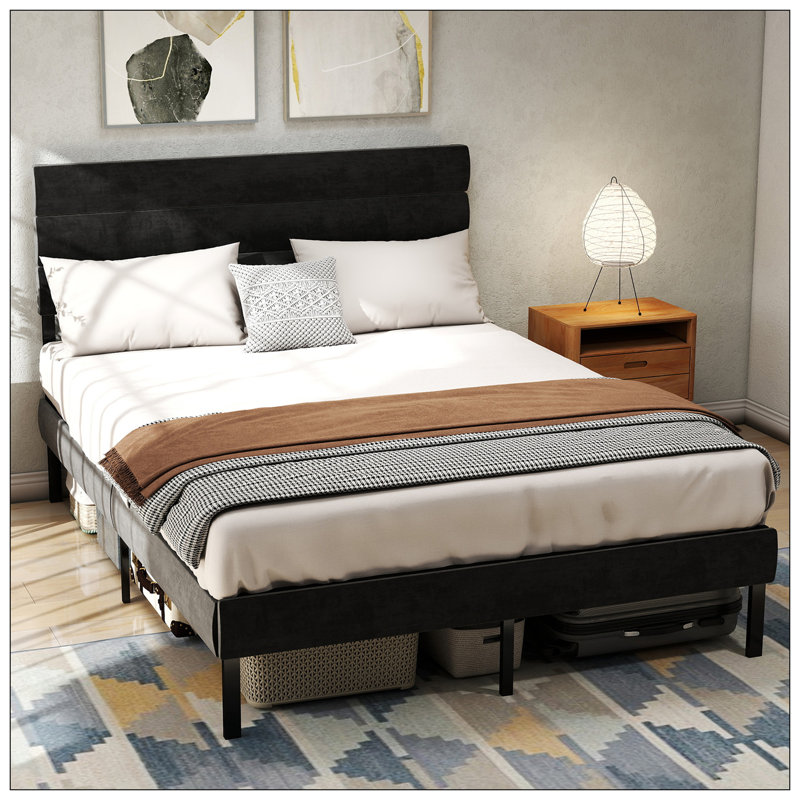 Grand lit plateforme tapissier avec rangement, Gris / Noir, Grand