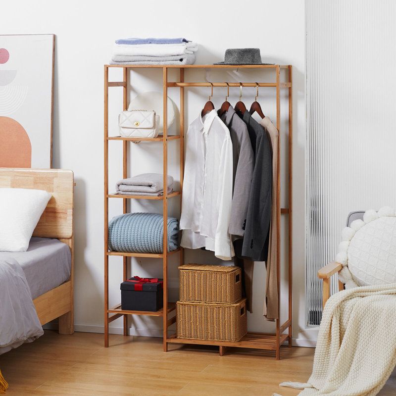 Mynire 6 Tier Clothes Rack Garment Rail Open Bamboo Wardrobe With 4 Shelves Bedroom Furniture