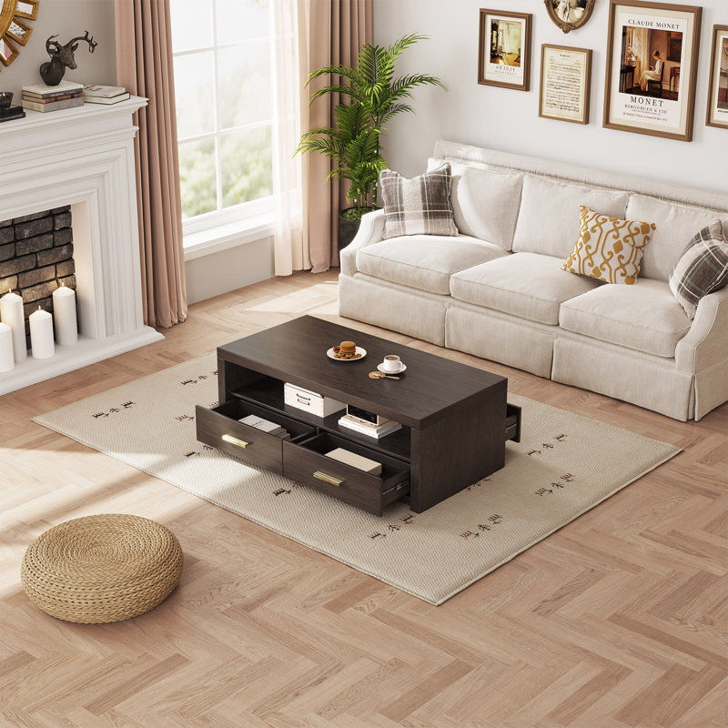 Dark Wood Coffee Table 120cm With 2 Drawers & Open Shelf Storage, Modern Rectangular Living Room Table