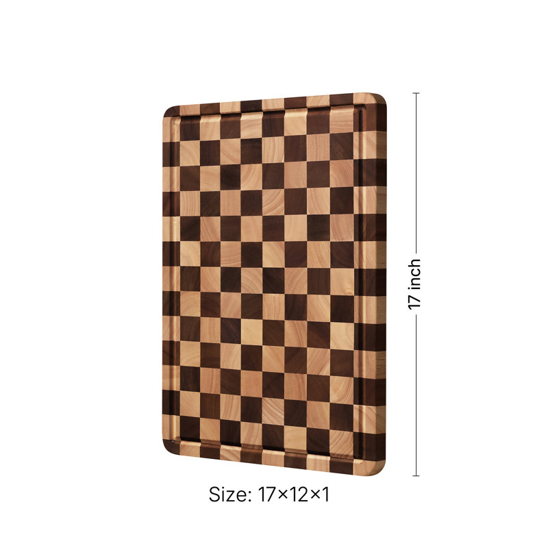 Planche à découper à damier en bois d'acacia de 43 cm (17 po), planche à charcuterie robuste et non toxique, facile à glisser dans l'évier, type bloc de boucher, avec poignées et rainures pour le jus.