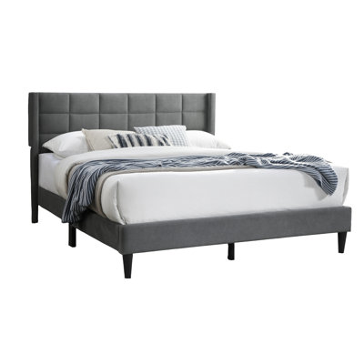 Elegant Queen Bed With Gray Brushed Linen Upholstered Headboard And Box Frame Contemporary In Stable Style Platform