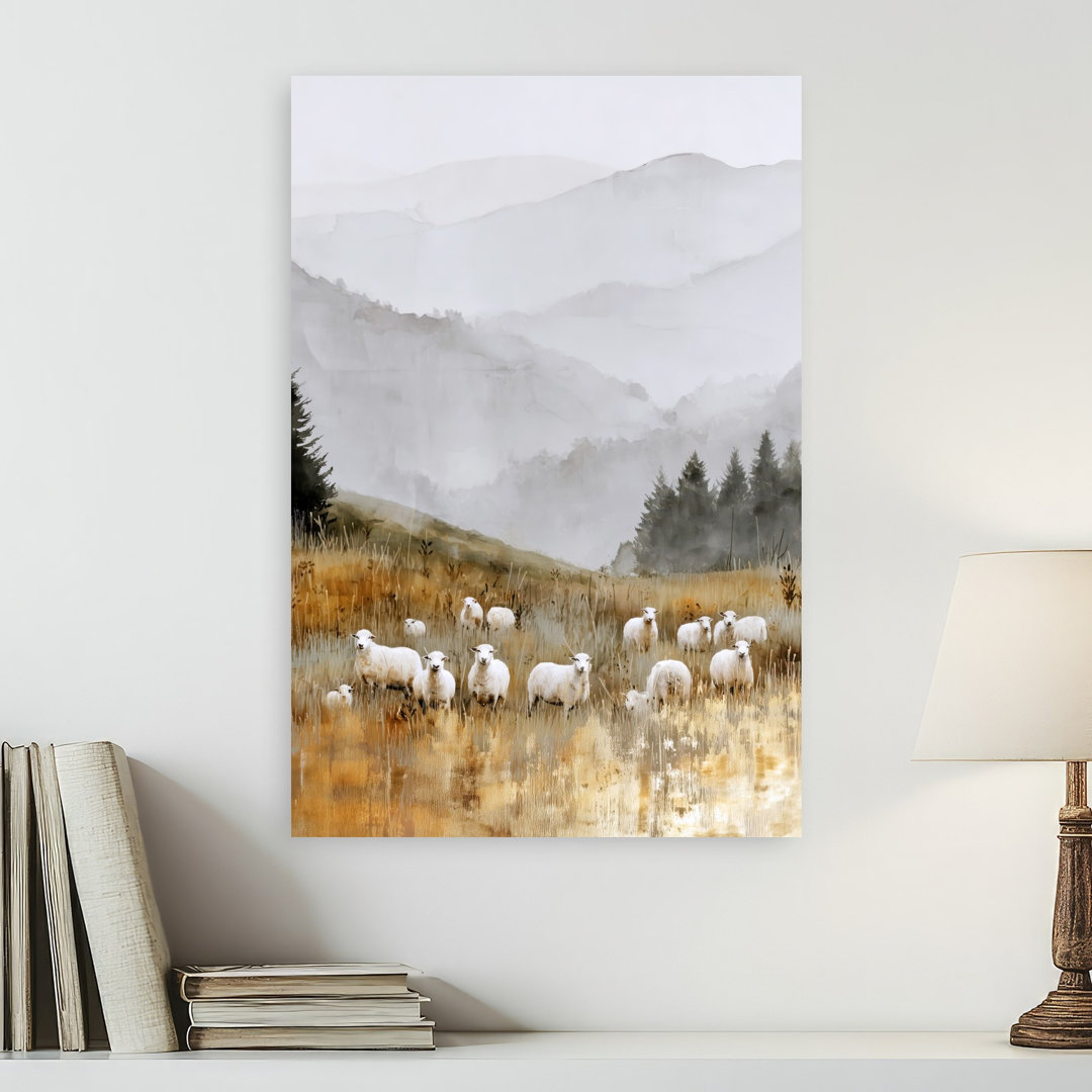 Misty Mountain Sheep Peaceful Serene Tranquil Forest Landscape Wall Art Print