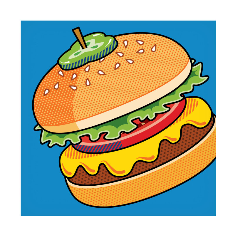 «Cheeseburger on Blue» par Ron Magnes - peinture sur toile tendue, H 14 po x l 14 po x P 2 po