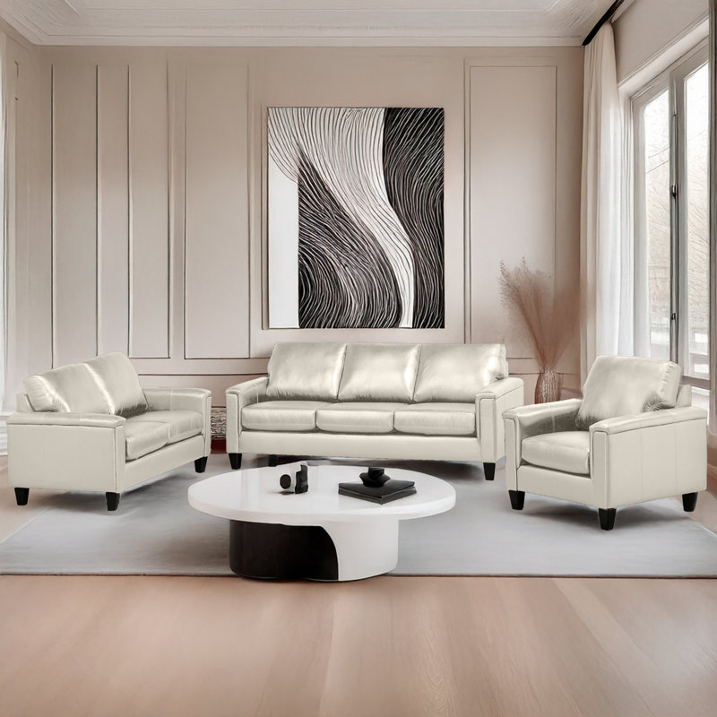 Ensemble de salon en cuir véritable 3 pièces Deboer, Cuir crème assorti