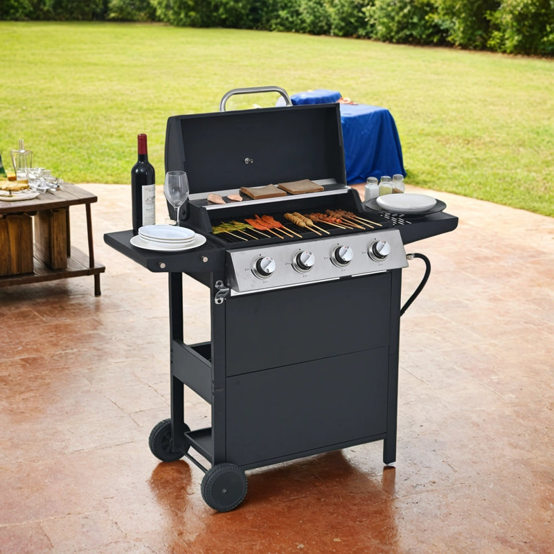 Barbecue au propane à 4 brûleurs, barbecue en acier inoxydable de 34 000 BTU avec tablettes, couvercle, roues et ouvre-porte