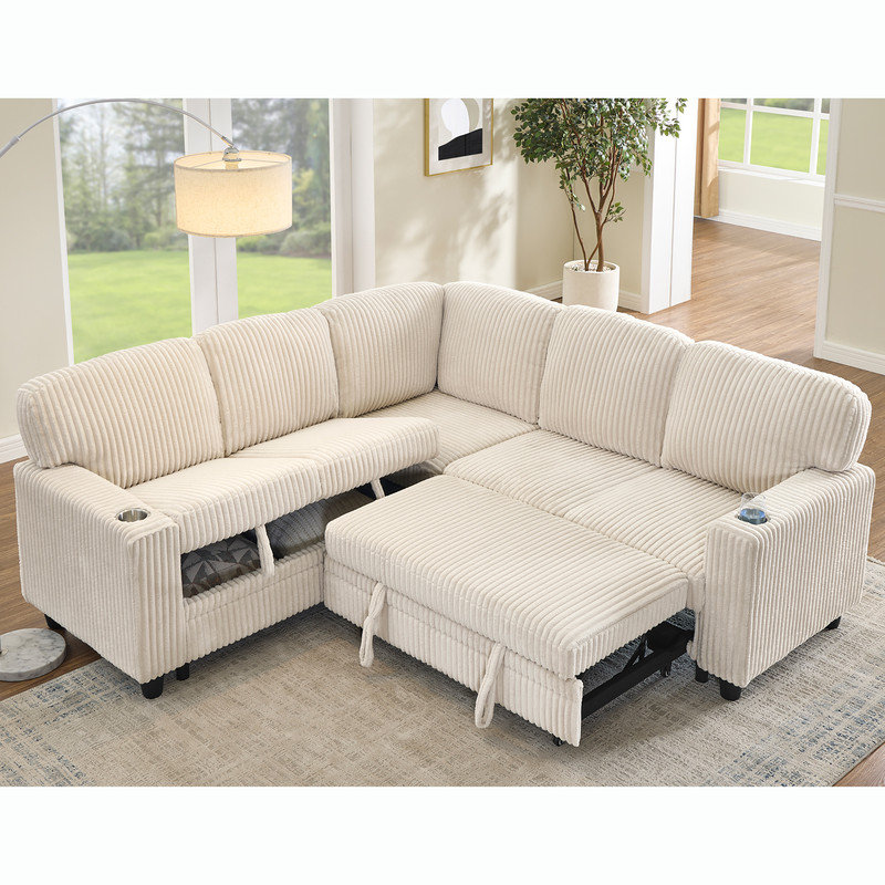 L-Shaped Sectional Sofa Bed with Pull-Out Bed & Storage, 5-Seat Sleeper Couch with USB Charging, Convertible Design for Living Room, Apartment, Corduroy Fabric,